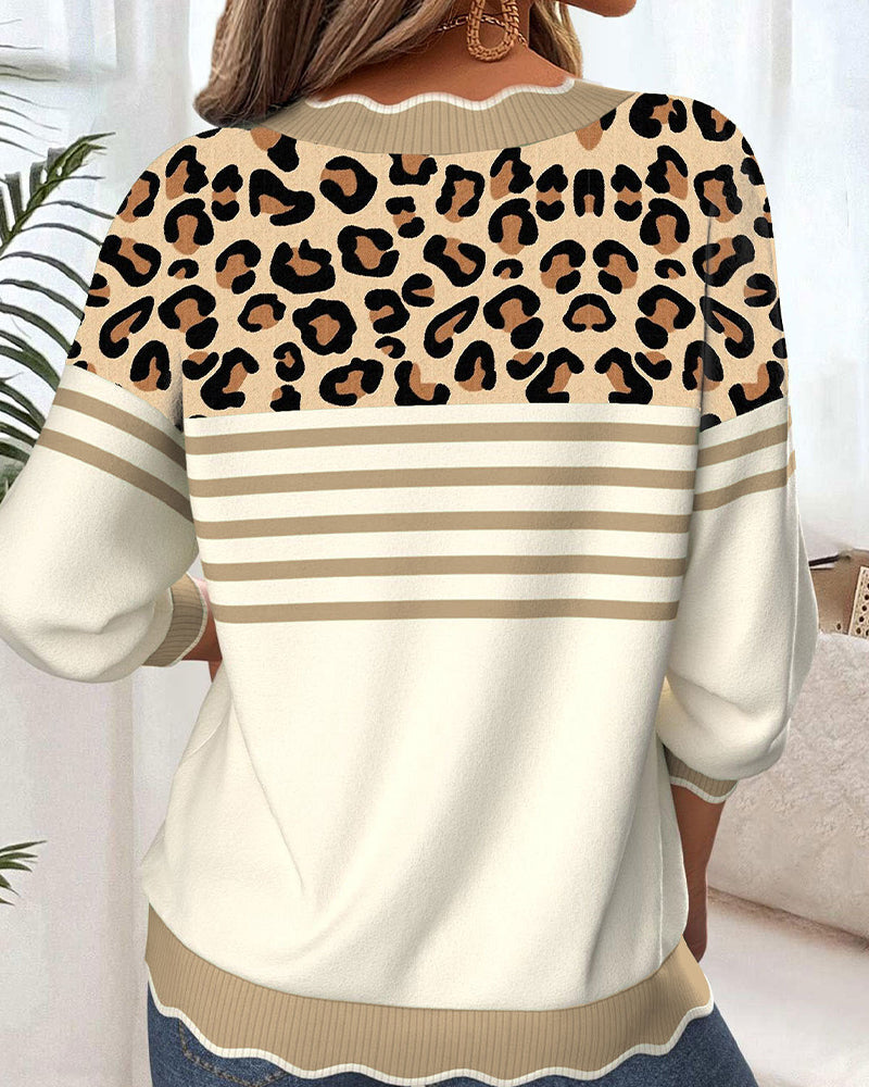 Leopard Print Contrast V-Neck Sweater