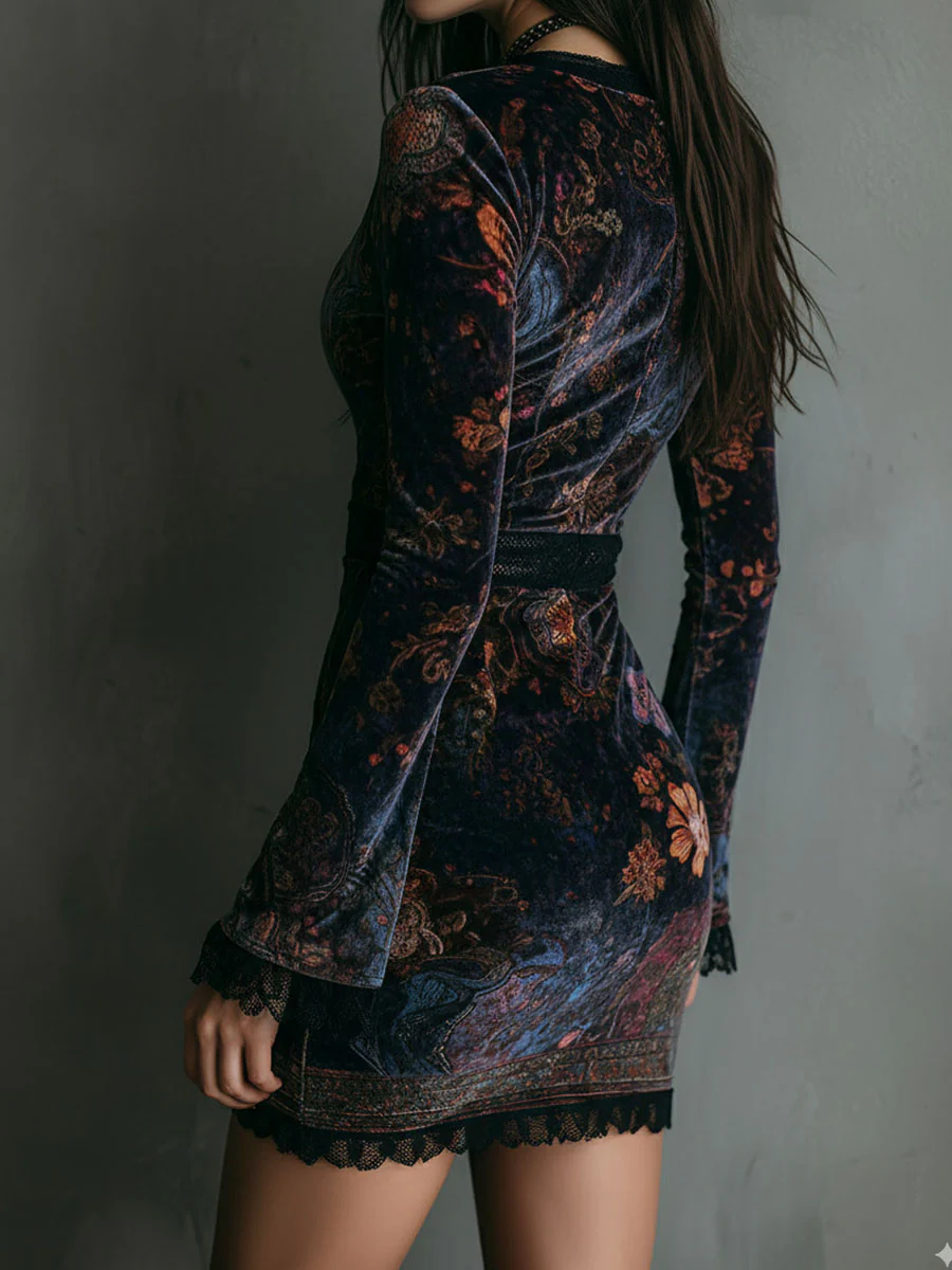 Floral Print V-neck Velvet Lace Trim Slim-fit Mini Dress