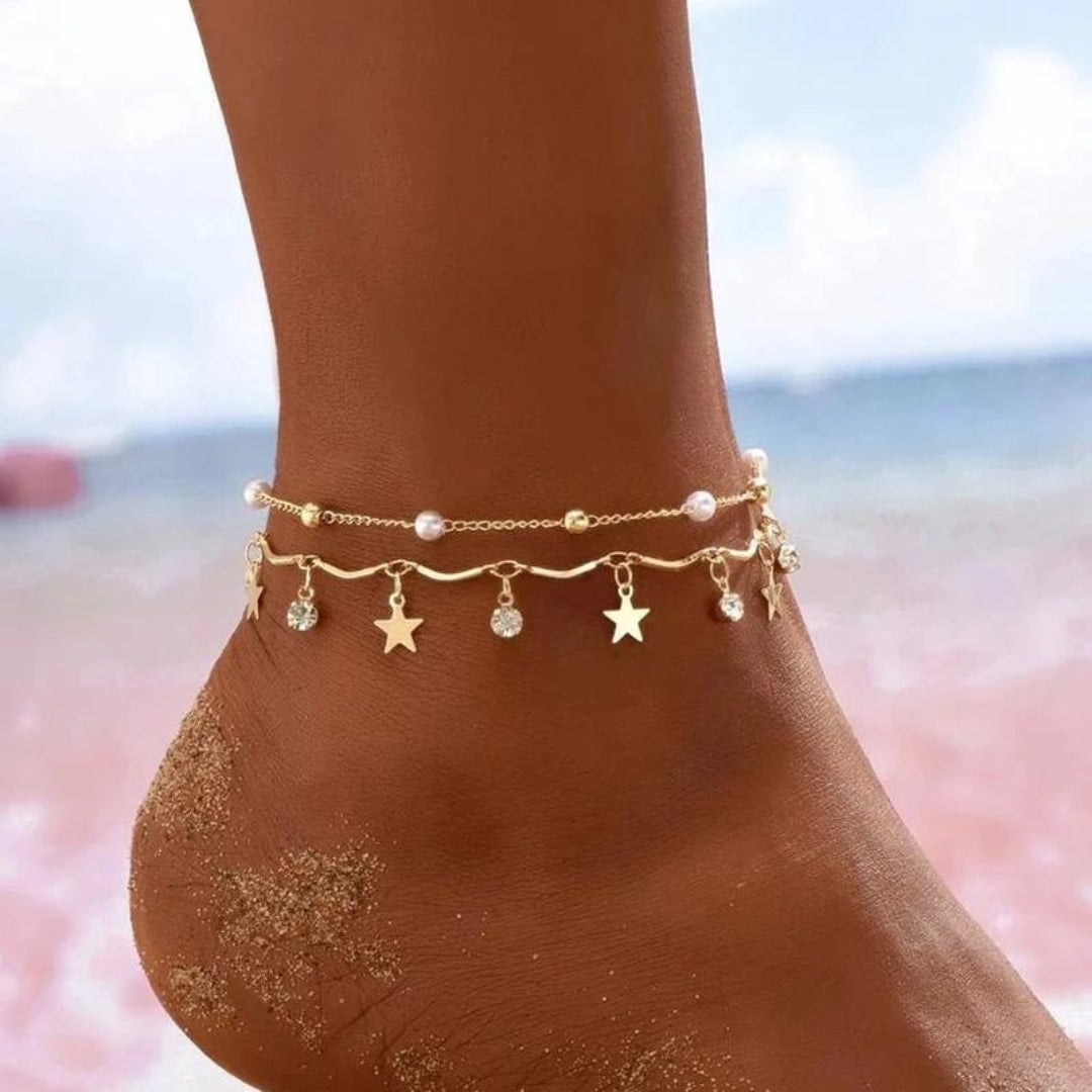 Celestial Anklet Bracelet with Stars and Pearls in Gold